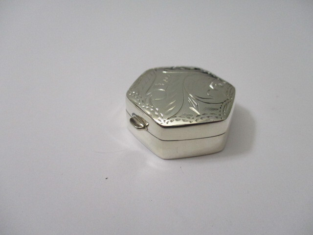 Sterling silver pill box Hexagon shape solid 925 silver engraved on top