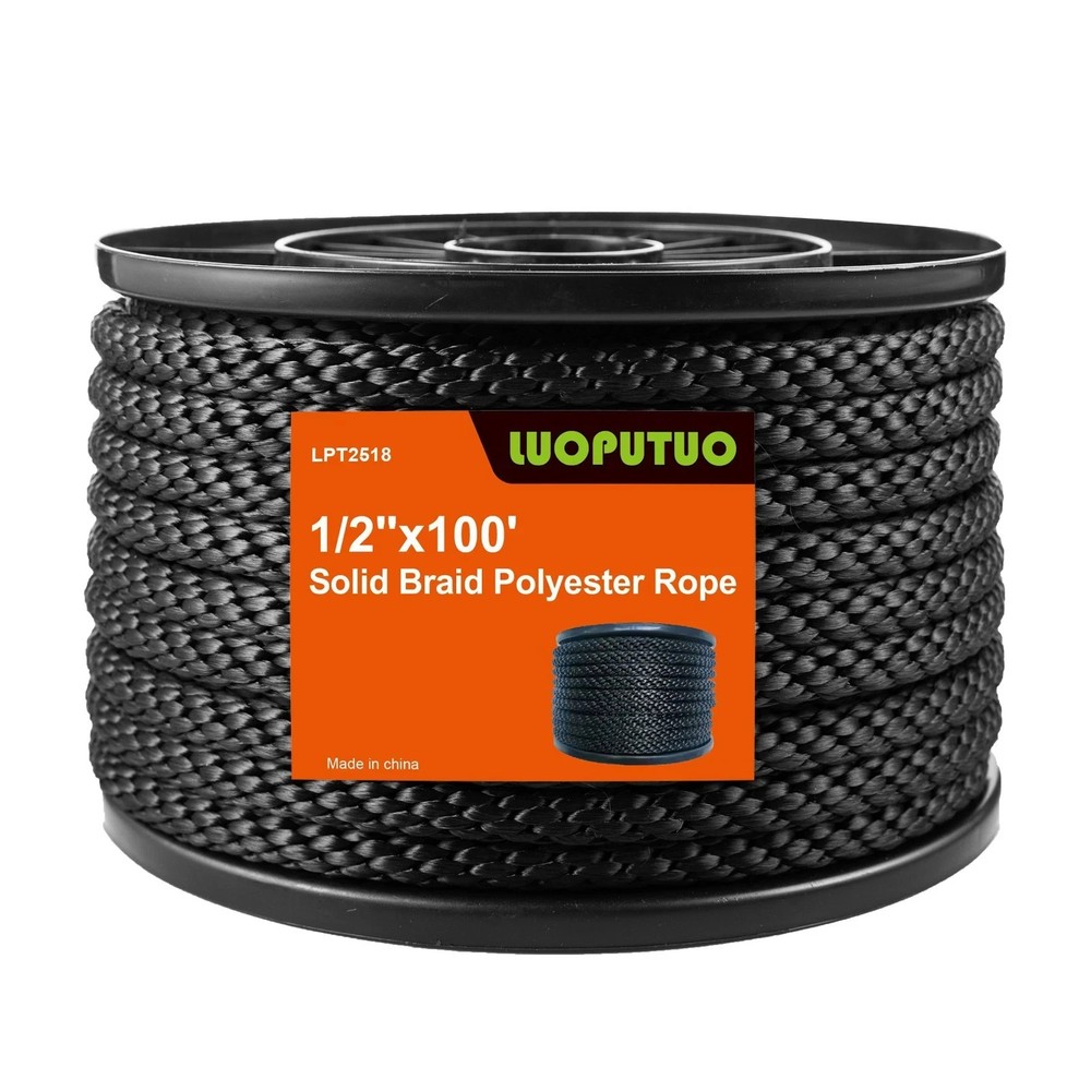 1/2'' 100FT Black Polyester Solid Braid Rope