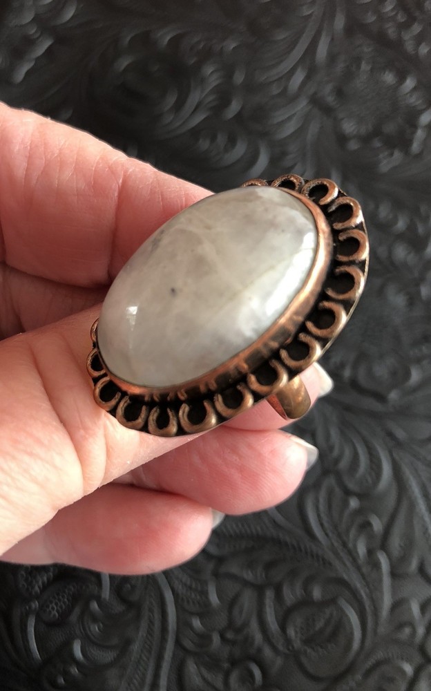 White Iridescent Moonstone Oval Ring Size 8 Artisan Made Copper Ring