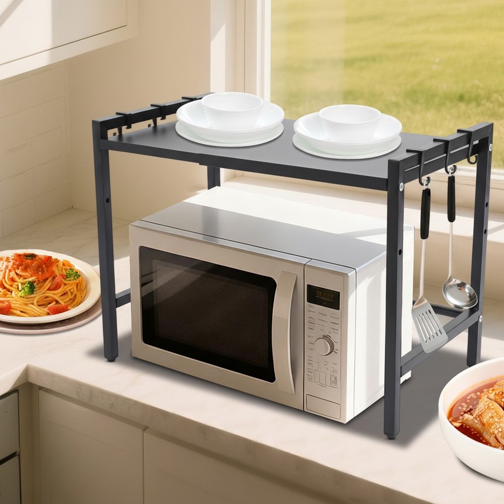 2-tier Expandable Microwave Stand 66lb Capacity Adjustable Height For Kitchen