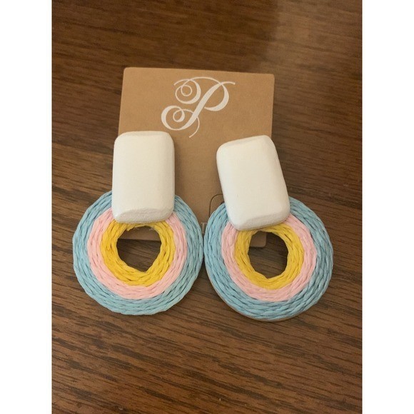 Plunder Design Tilly Earring Multi Color Woven Raffia Hoop Drop