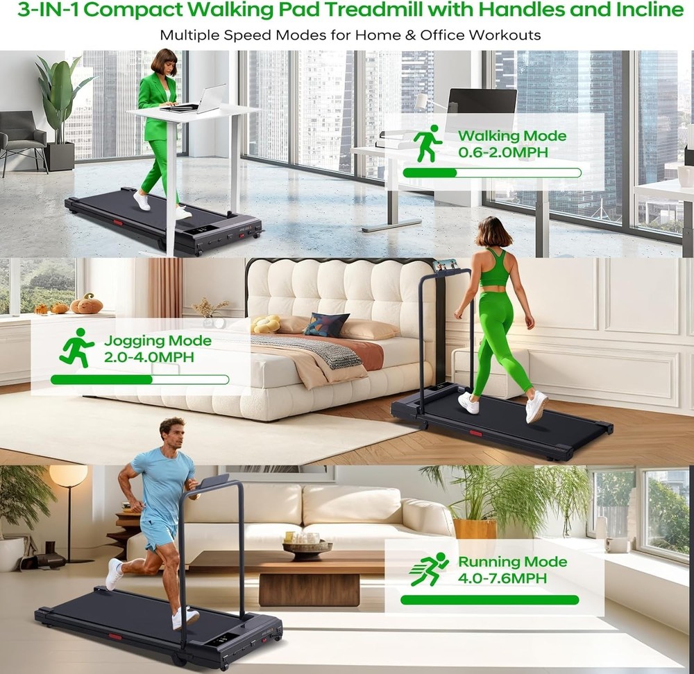 Portable Folding Walking Pad Treadmill with Handle Bar and Incline Compact Gift
