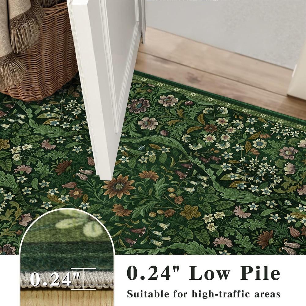 5×7 Dark Green Washable Floral Area 5' x 7' (Rectangular),