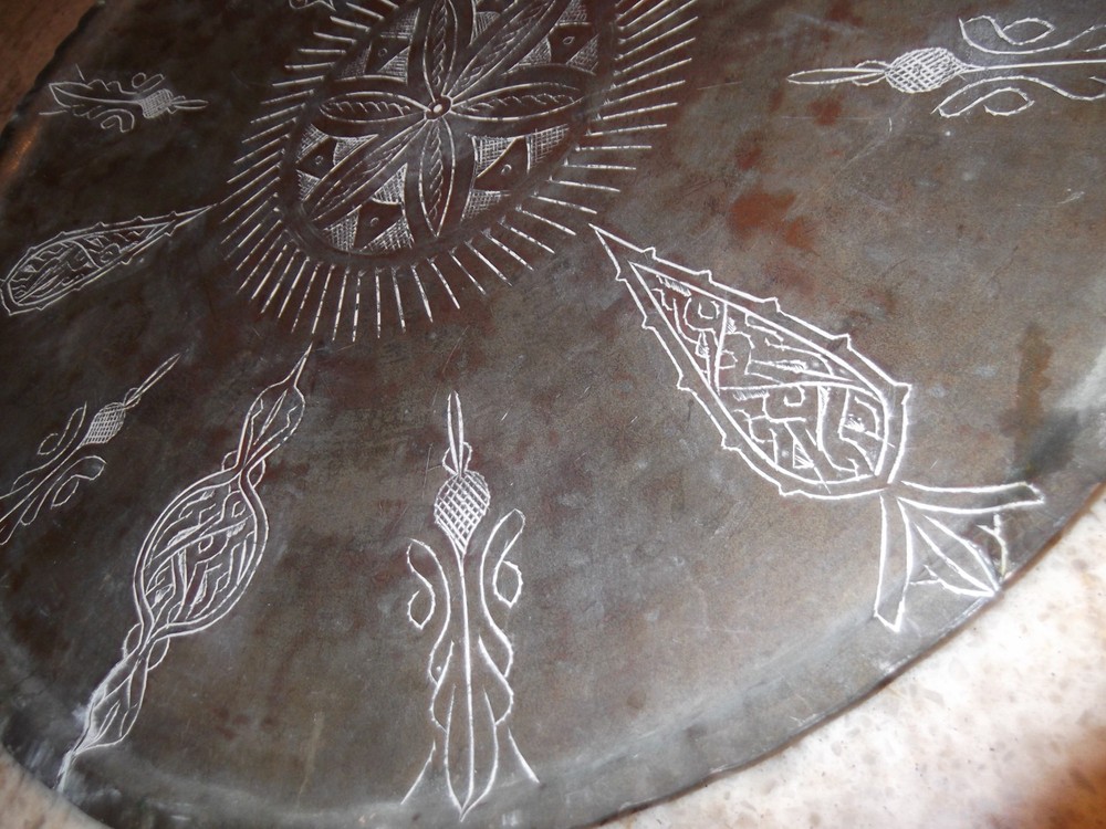 Antique Middle Eastern Copper Table Top Tray Engraved