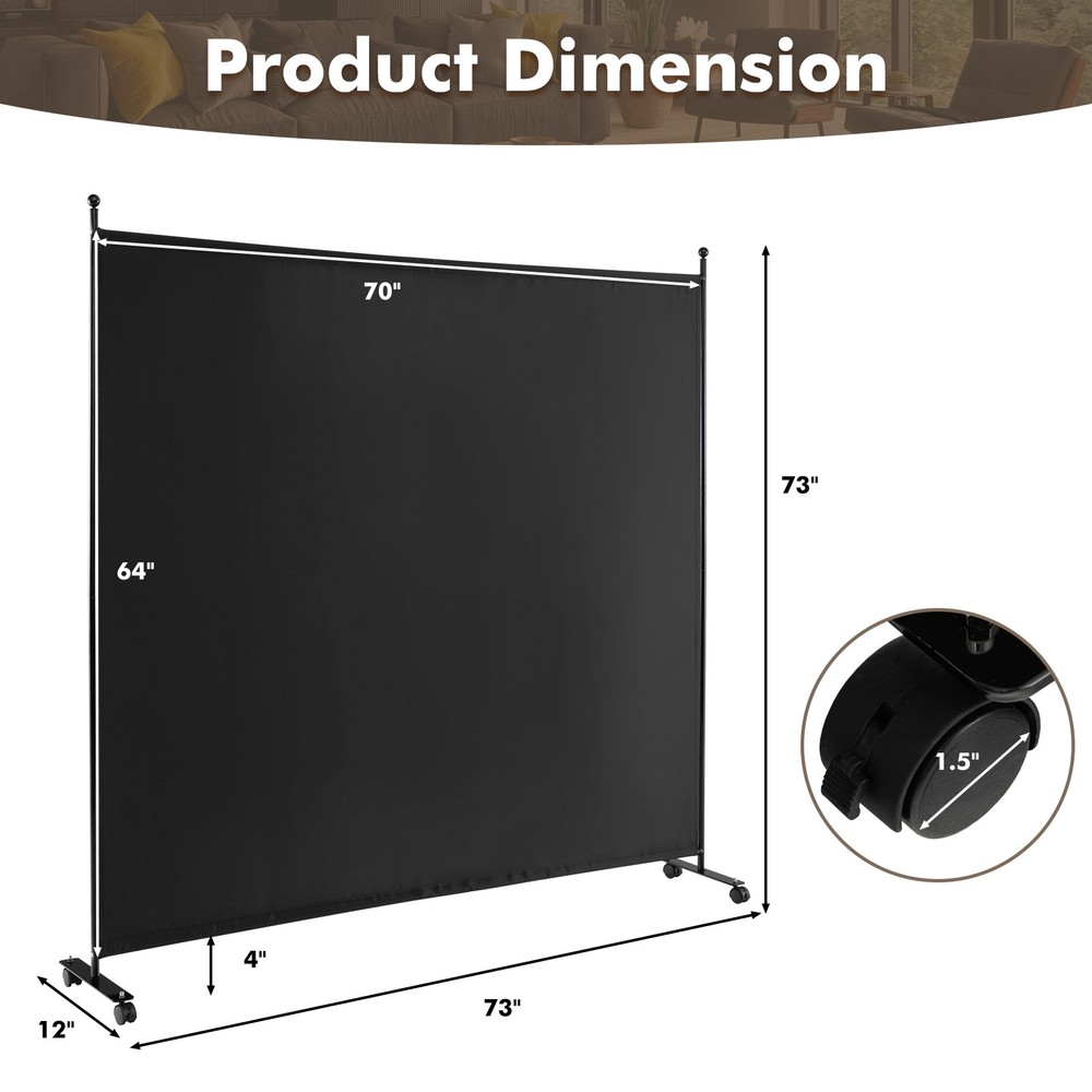 6' Single Panel Room Divider w/ Wheels Rolling Fabric Partition Privacy Screen