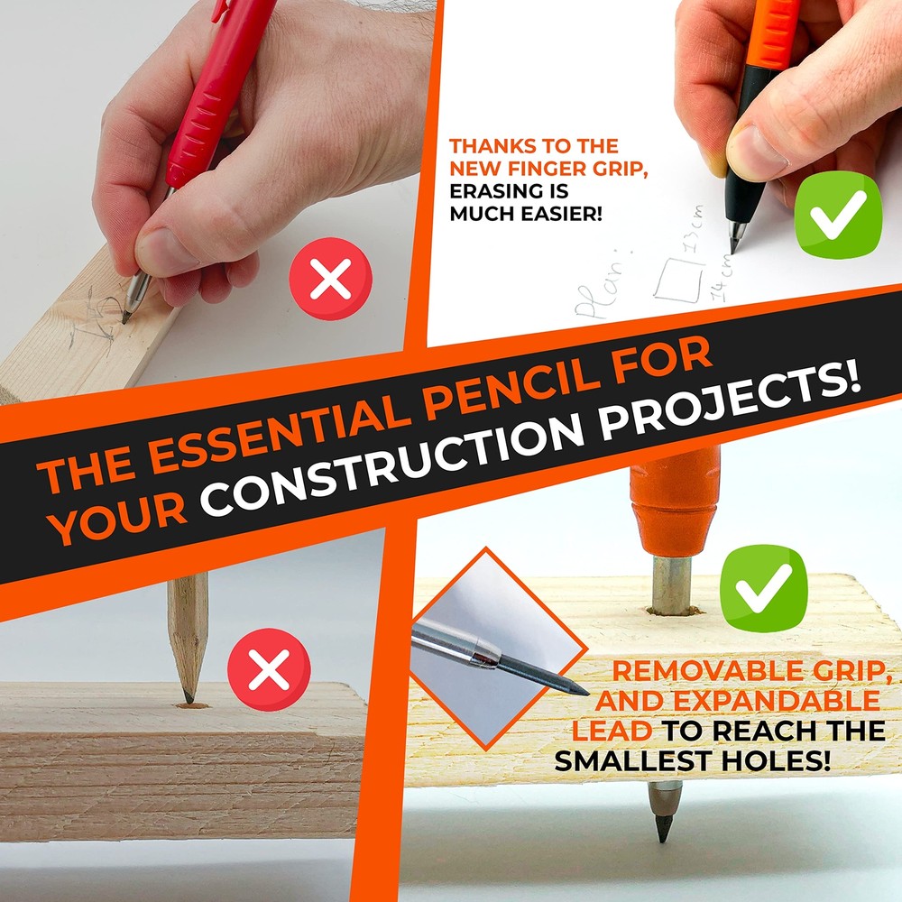 2 Carpenter Pencils Set for Construction - Incl. 38 Leads, Sharpene, Finger Grip