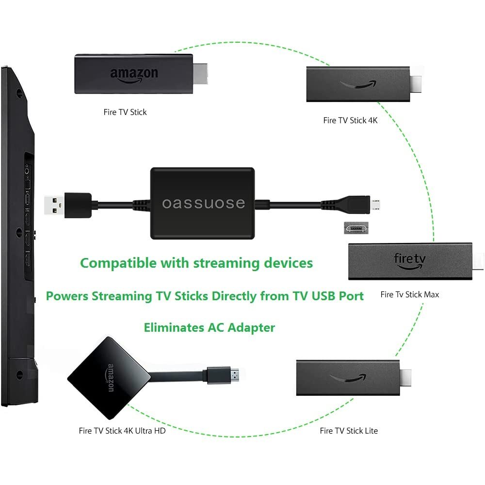 USB Power Cable for Fire TV Stick Powers via TV USB Eliminates AC Adapter