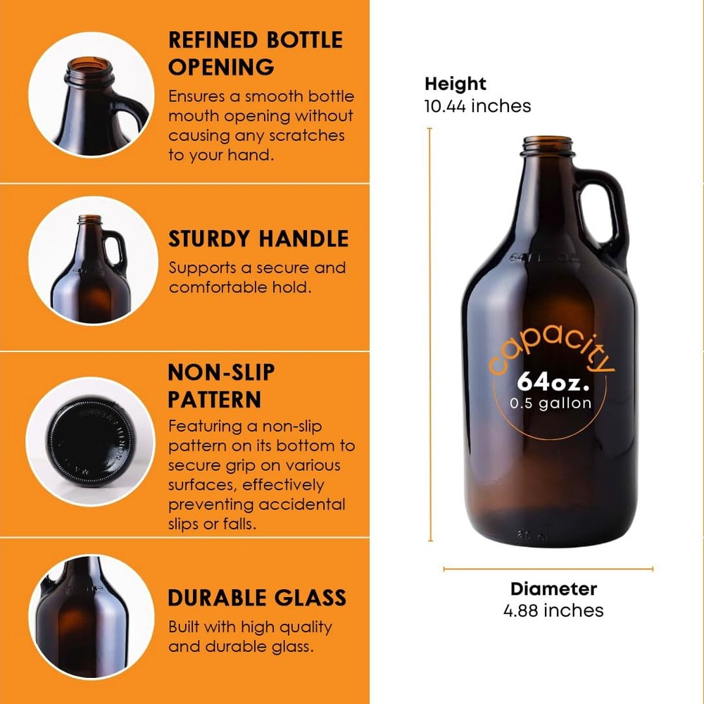 FastRack 64oz Amber Glass Growlers with Polyseal Caps (2 Pack) | Half Gallon (1/