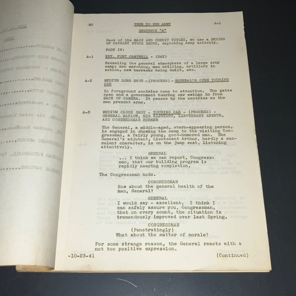 Original 1941 True to the Army Movie Script Paramount Sequence Drafts Archive CO