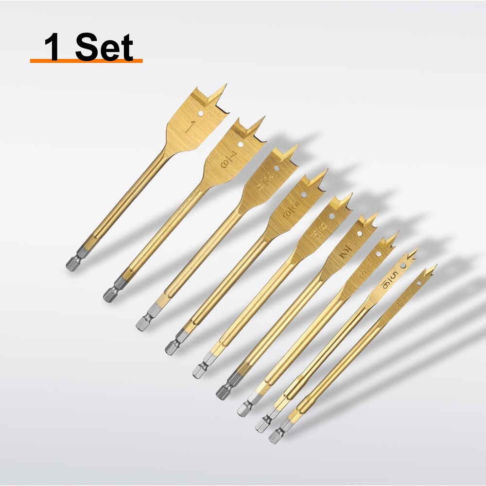 9Pcs Spade Drill Bit Paddle Flat Bits Set Wood Hole Cutter Gold Tone