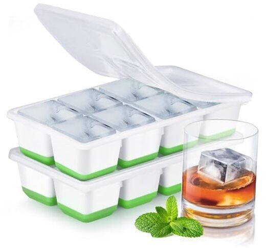 Large Ice Cube Trays with Lid,  2 Pack Stackable Silicone Ice Cube Molds Green