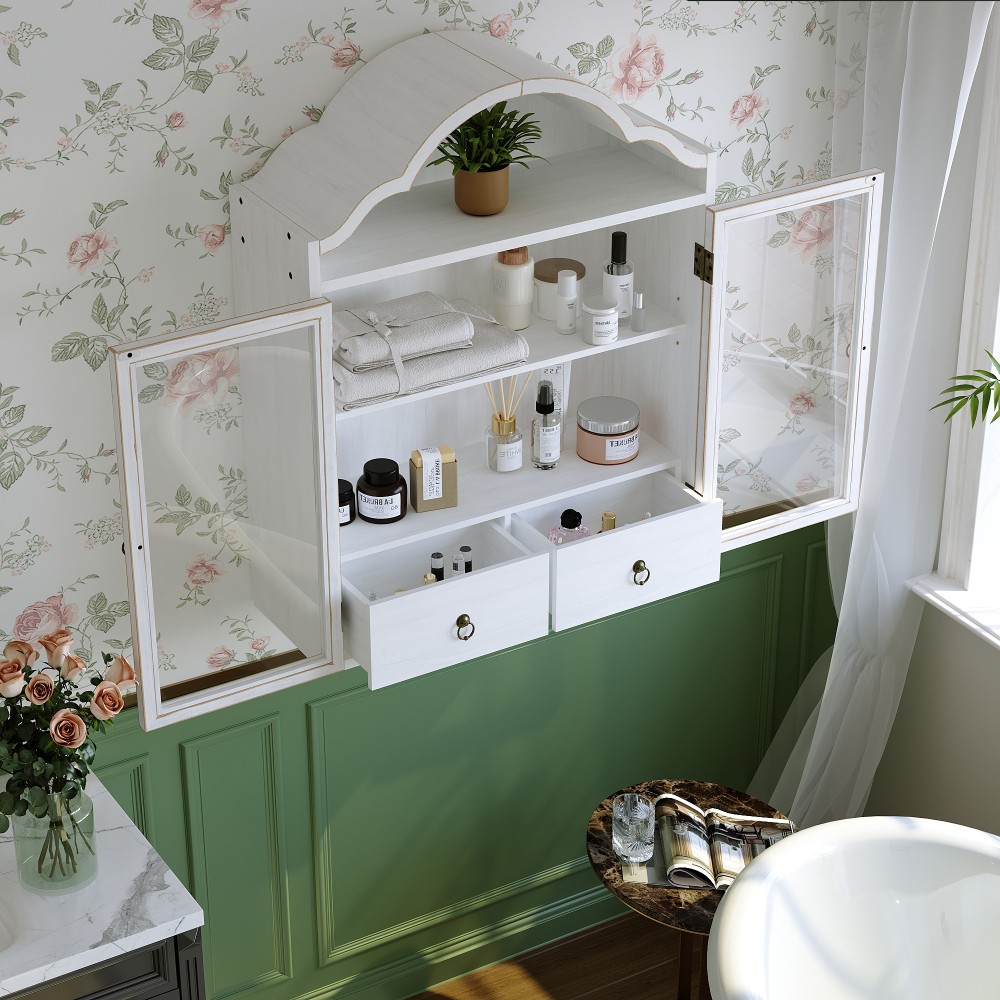 Vintage Rustic Distressed Solid Wood Wall Cabinet with Elegant Wave Top