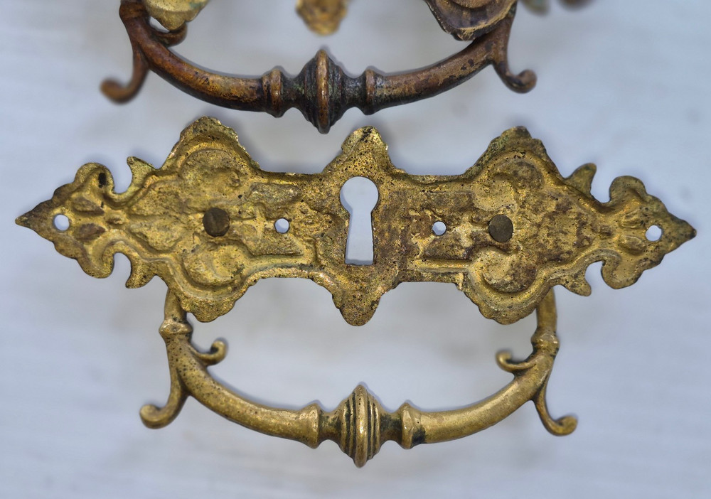 Pair Solid Cast Brass Antique Drawer Pulls Bail Handle Ornate Aesthetic Movement