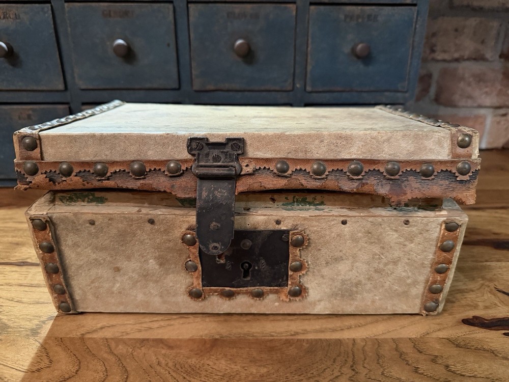 Labeled  19th C. Hide Covered Document Box Leather Trunk Brass Studded 12” L