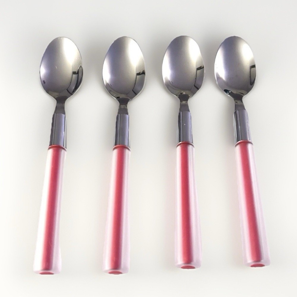 Stainless Teaspoons Red Clear Core Plastic Handle Flatware 6” Set Of 4