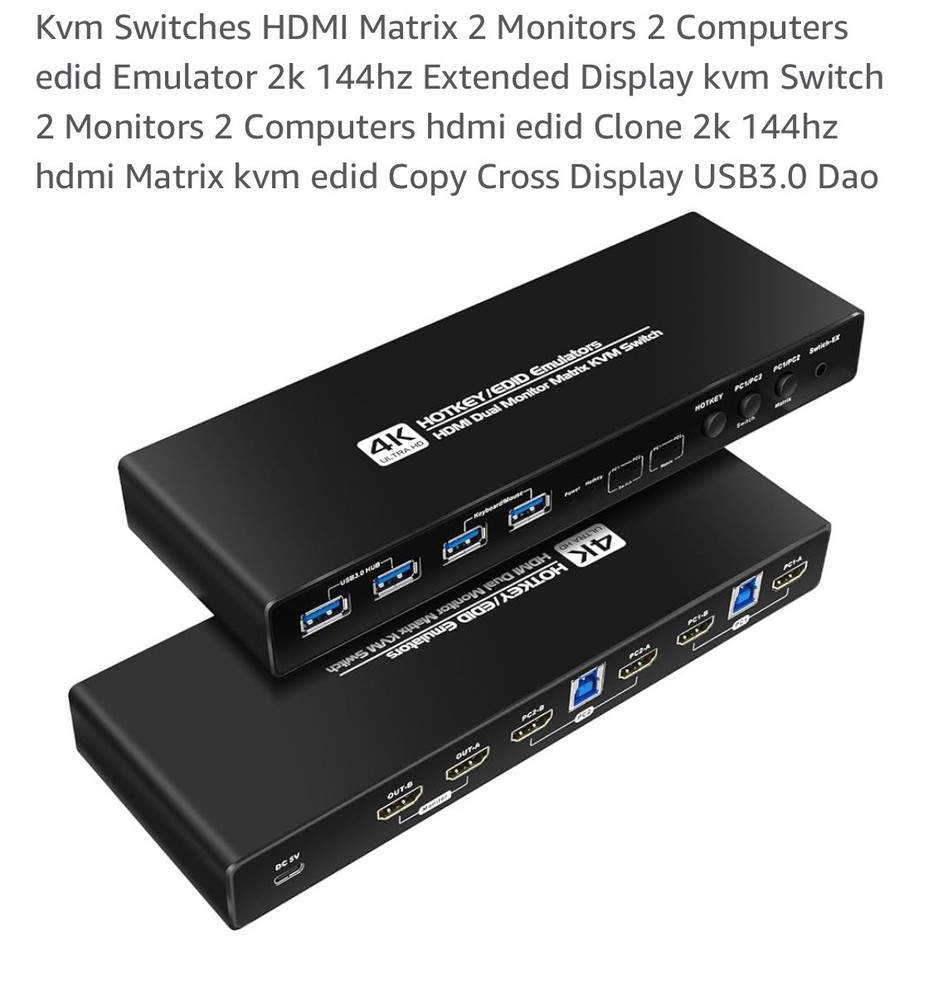 HDMI kvm Switch 2 Monitors 2 Computers edid Emulator 2k 144hz Extended Display