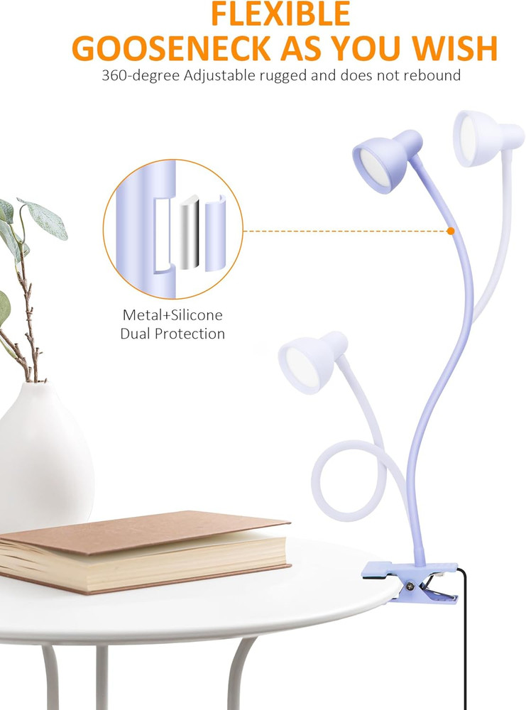 Clip on Lamp USB Reading Light, 3 Color Modes, 10 Brightness Dimmable, Flexible