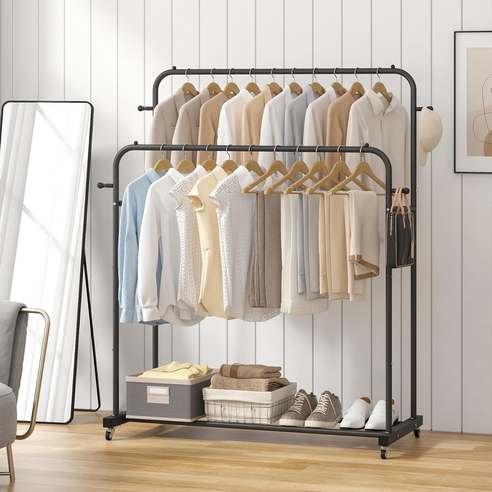 Double Rod Garment Rack with Wheels, 4 Hooks, Multi-functional Black Cloth Rack