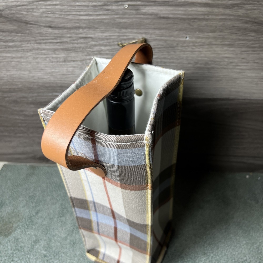 Threshold Plaid Canvas Wine Bag With Leather Handle Brown/White