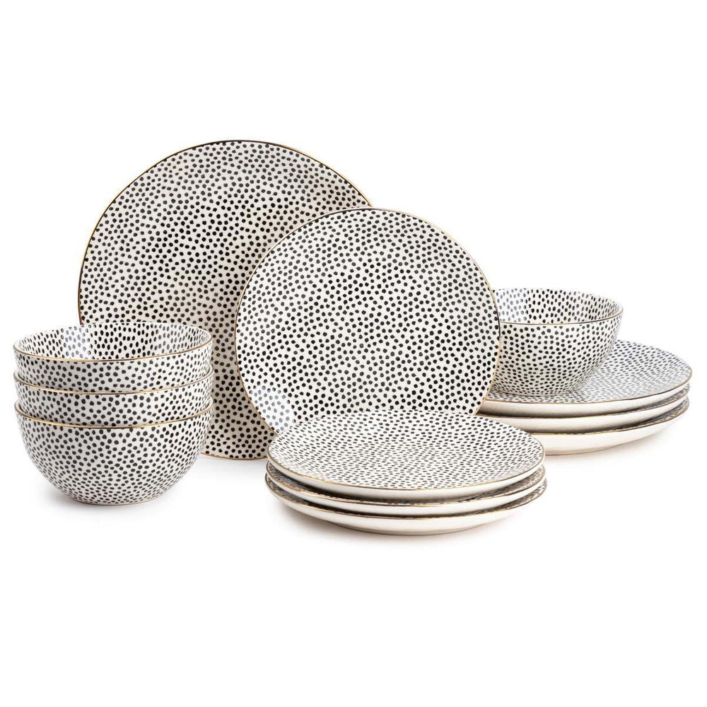 12 Piece Dinnerware Set Black White Dot Table Stoneware 12 Piece Plates Bowls