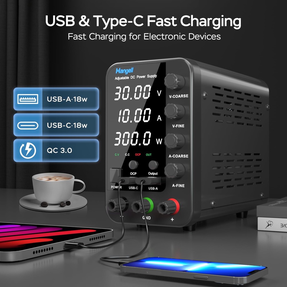 DC Power Supply Variable, 30V 10A Bench Power Supply with Encoder Coarse & Fi...