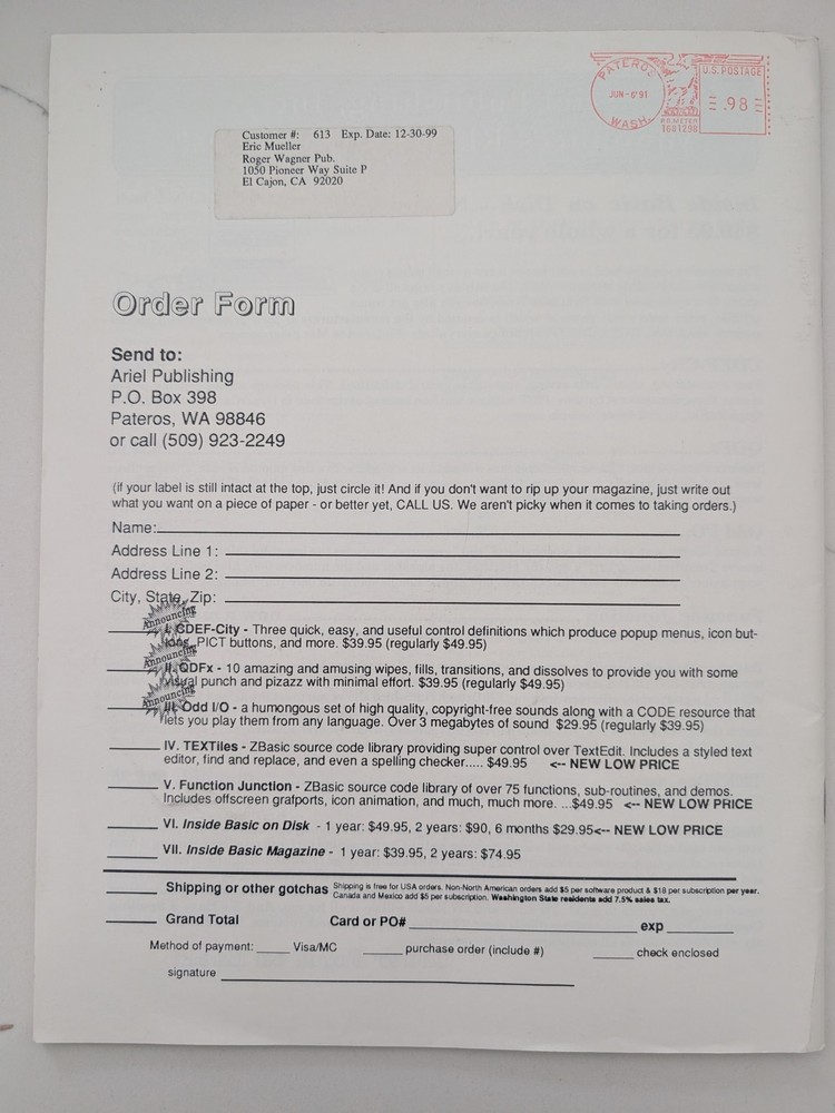Inside Basic Vol 1 No 6 June 1991 Journal of Macintosh BASIC Programming Catalog