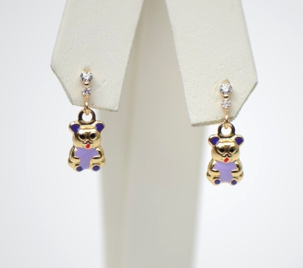 14K Solid Yellow Gold Teddy Bear Dangle Earring with Enamel
