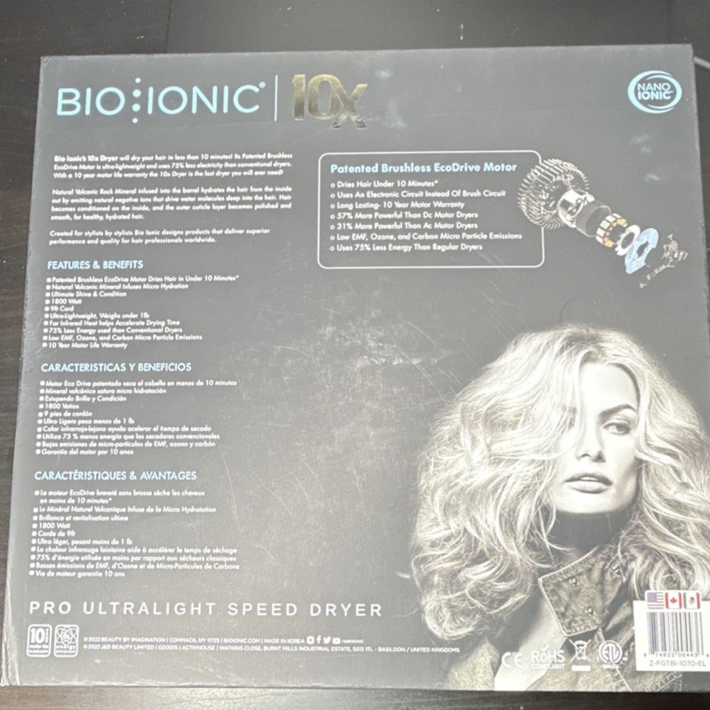 Bio Ionic 10X Pro Ultralight Speed Dryer Ionic Technology EcoDrive Motor Black