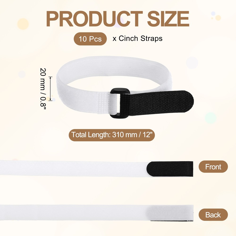 10pcs Reusable Cinch Straps 0.8"x12" Hook and Loop Cable Securing Straps, White