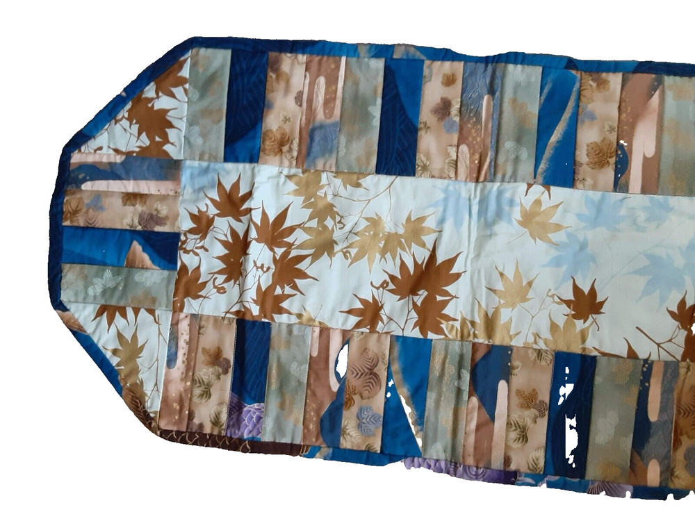 Handmade artisan patchwork reversible tablerunner 33X15 tones blue brown