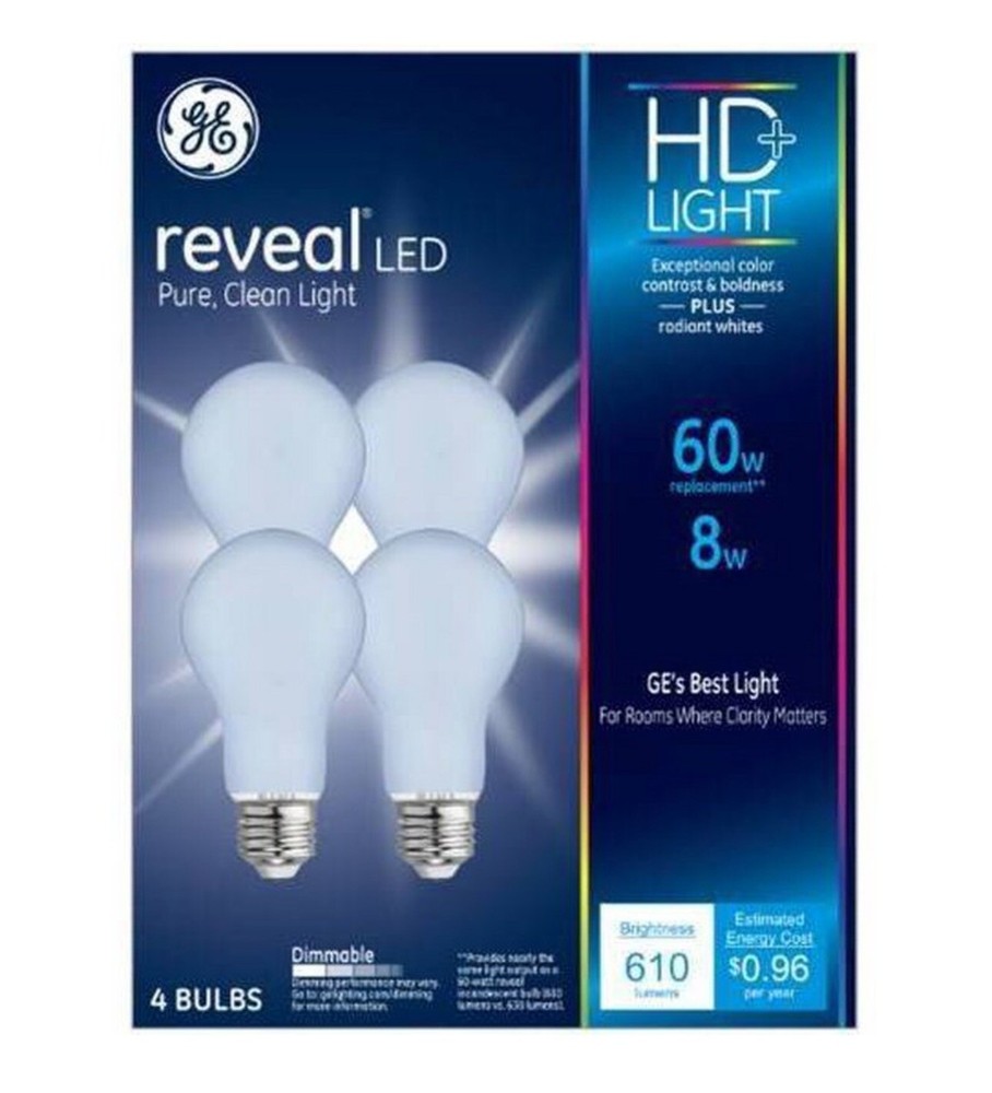 GE 4-Pack 8-Watt Reveal LED Dimmable A19 HD+ Light Bulbs