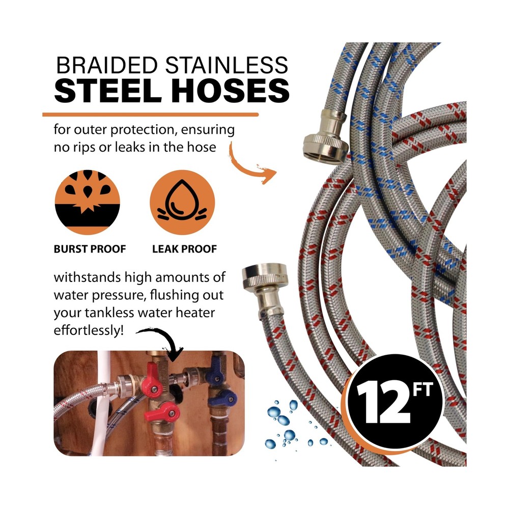 Chromex Tankless Water Heater Flush Kit, Extra Long 12 Ft Hoses with Certifie...