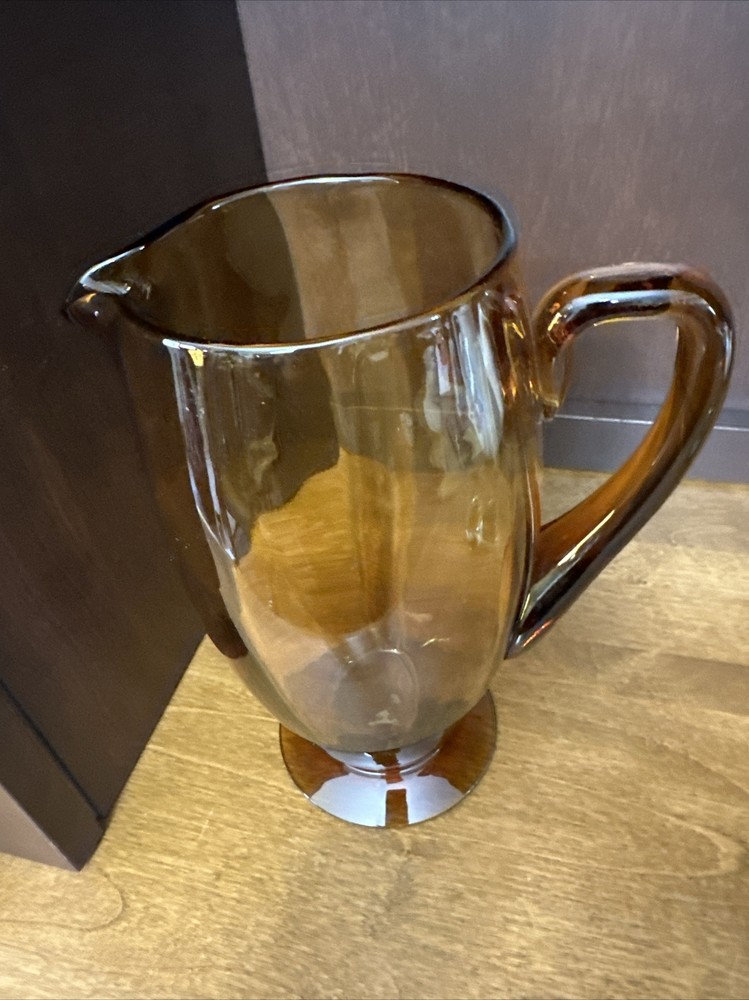 Glass Handled Pitcher Amber Honey Optic Panel 9.5”