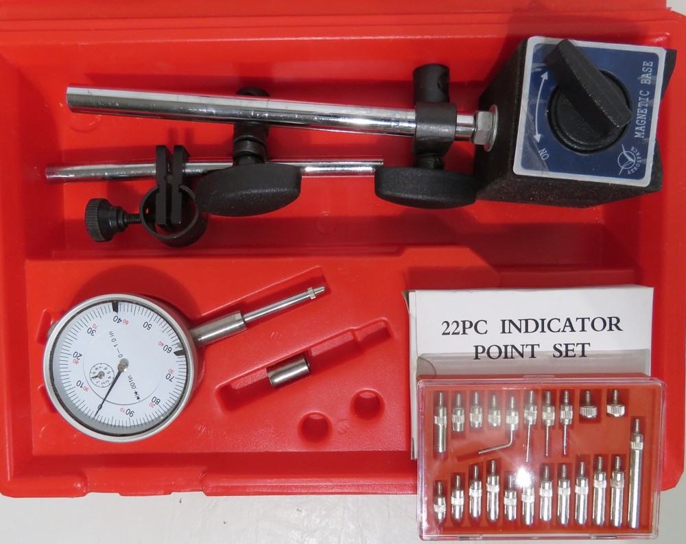 Dial Indicator 1" w/ 22 Piece Indicator Point Set & Magnetic Base EUC