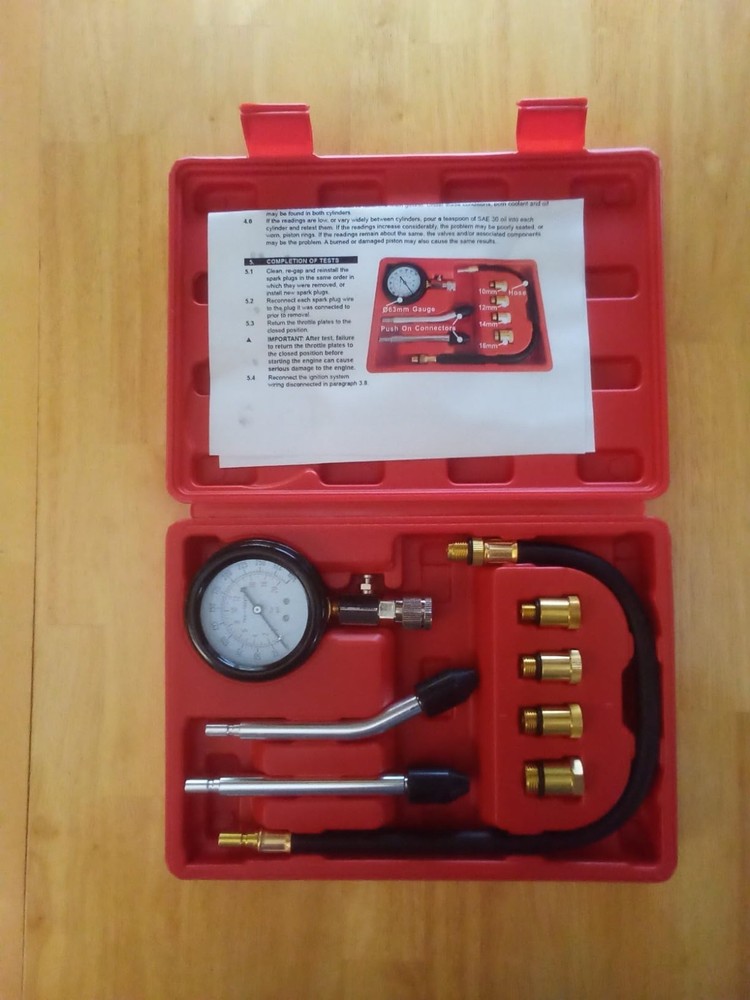 Solid Brass 8-Piece Compression Tester Kit with Triple Range Gauge - Durable
