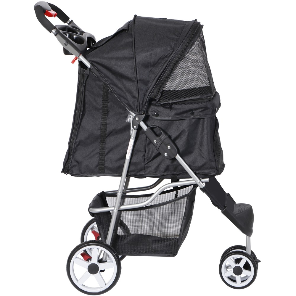 Dog Stroller 3 Wheels Foldable Pet Stroller w/Storage Basket & Cup Holder Black