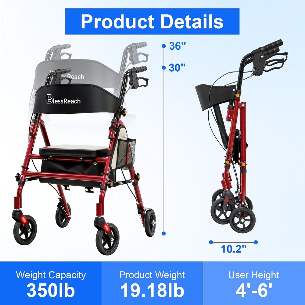Lightweight Rollator Walker with Seat Foldable 350 lb Capacity Adjustable Height