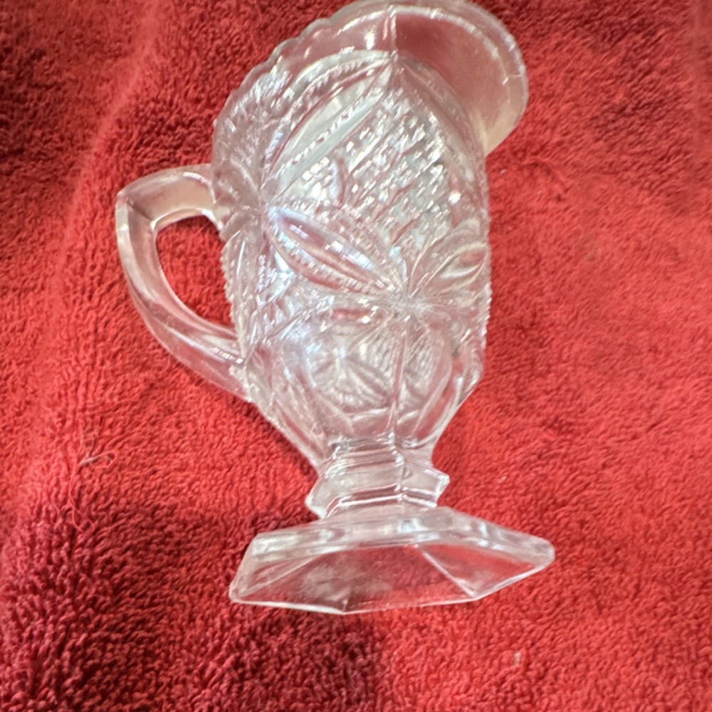 Clear Glossy Pressed Glass Creamer with Handle Hexagonal Base