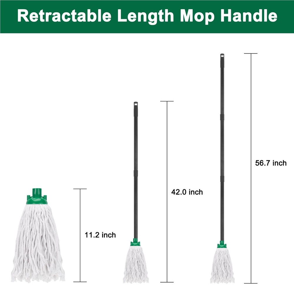 Cotton String Wet Mop 2 Heads Handle Floor Cleaning Replacement Refill Green