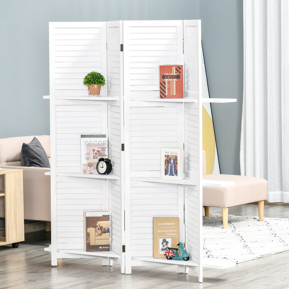4-Panel Tall Privacy Screen Room Divider with Display Shelves Folding Partition