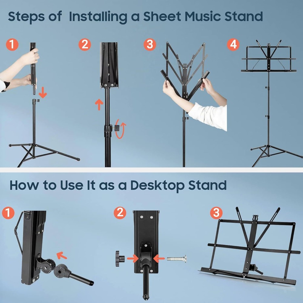 Adjustable Folding Sheet Music Stand w/ Light & Book Holder - Portable Durable