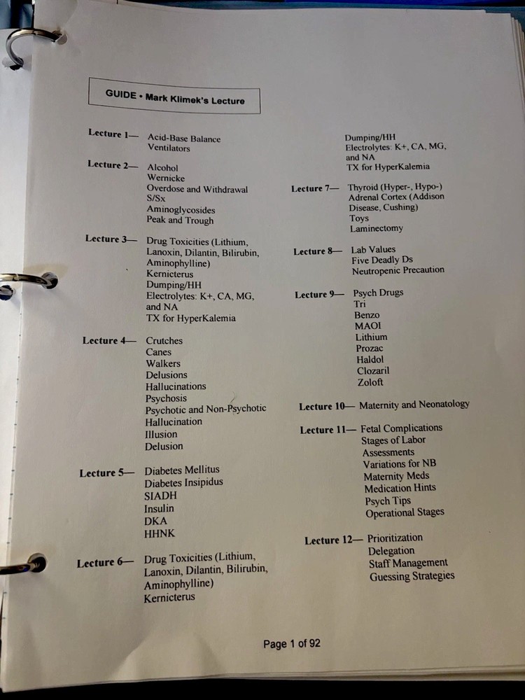 Nclex Lecture Note Mark Klimek 12 lectures Printed Notes.