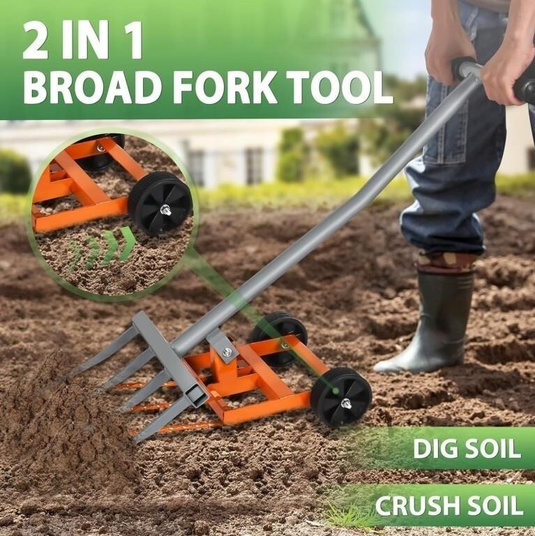 Broadfork Tool, 7-Tines Manual Cultivator Tiller Broad Fork for Digging