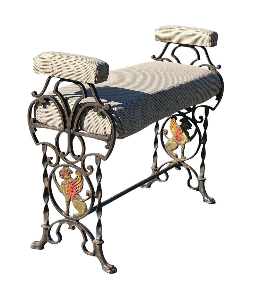 ANTIQUE ART DECO CAST IRON VANITY WINDOW BENCH WITH POLYCHROME GRIFFIN ELEMENTS
