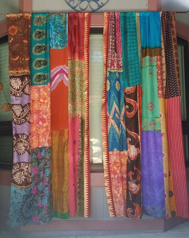 2 Pcs Indian Sari Patchwork Curtain Drape Window Decor Multi Silk Sari Curtain