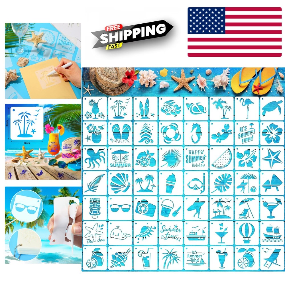 Reusable Beach Stencils Set - 56 Durable Ocean-Themed Patterns for Art Projects