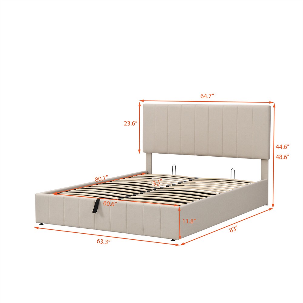 Queen Size Bed Frame Upholstered Platform Bed w/ Hydraulic Storage System