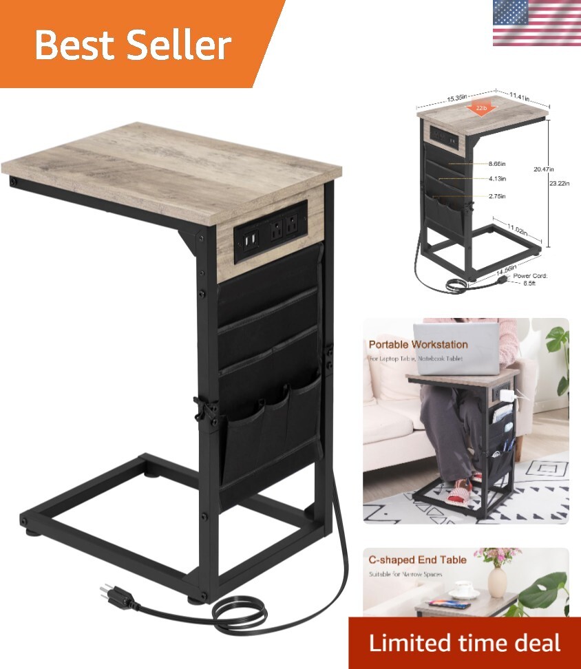 Tech-Savvy C-Shaped End Tables Set with Charging Station & Storage Pockets