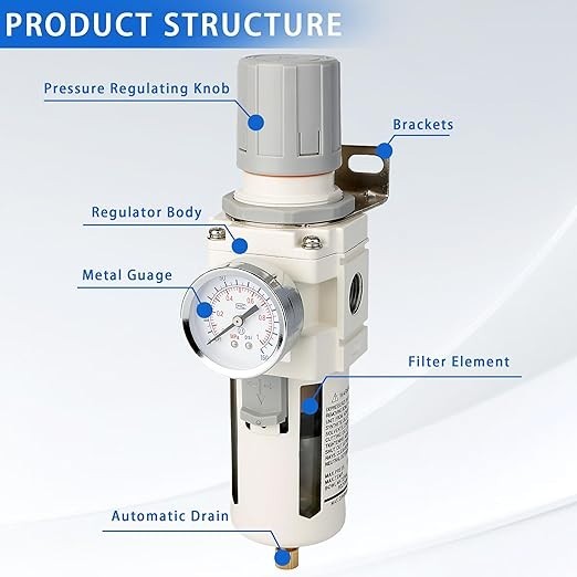 1/2" NPT Compressed Air Filter Regulator Combo, 5 Micron Brass Filter