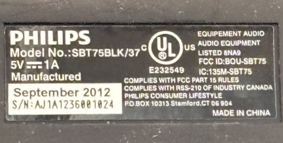 PHILIPS SBT75BLK/37 WIRELESS SPEAKER WITH USB CHARGING CABLE FREE SHIP.